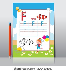 Letter F Learning Kids alphabet activity. Worksheet for learning alphabet. Handwriting practice sheet. Basic writing.