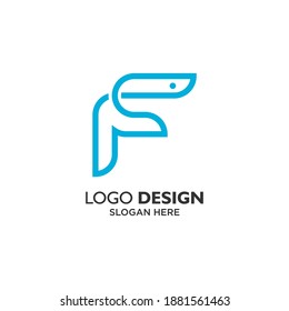 Letter F with line art style for fish logo design template