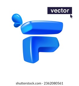 Letter F logo 3D render in cartoon cubic style made of blue clear water and dew drops. Eco-friendly vector illustration. Impossible isometric shapes. Perfect for nature banner, healthy filter labels.