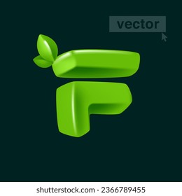 Letter F logo 3D render in cartoon cubic style with green leaves. Eco-friendly vector illustration. Impossible isometric shapes. Perfect for nature banner, healthy food labels, garden, and grass adv.