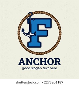 Letter F logo with anchor illustration logo design template, nautical logo concept, vintage style.