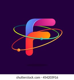 Letter F logo with atoms orbits lines. Bright vector design for science, biology, physics, chemistry company.