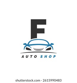 letter F logo auto mechanic with car design. Alphabet F automotive car style icon
