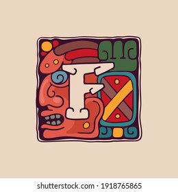 Letter F logo in Aztec, Mayan or Incas style. Native American symbol with warrior or god face. Perfect for ethnic labels, sport emblem, tattoo design and tribal identity, etc.