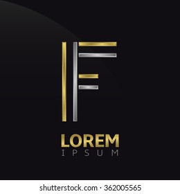 Letter F logo. Brand symbol with golden and silver elements, Vector illustration