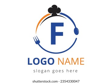 Letter F Logo With Chef Hat, Spoon And Fork For Restaurant Logo. Modern vector logo for café, restaurant, cooking business, and company identity