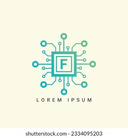 Logo de la letra F, símbolo de forma circular, color verde y azul, tecnología y conexión de puntos abstractos digitales