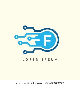 Logo de la letra F, símbolo de forma circular, color verde y azul, tecnología y conexión de puntos abstractos digitales