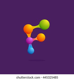 Letter F logo with colorful spheres or dots and lines. Colorful vector design for banner, presentation, web page, app icon, card, labels or posters.