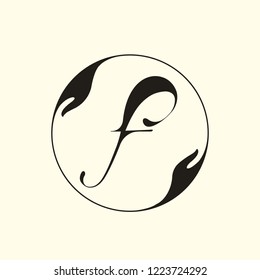 Letter f logo in a decorative circular frame, isolated on light background.Calligraphic lettering icon.