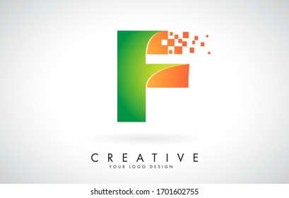 Letter F Logo Design in Bright Colors with Shattered Small blocks on white background.  Vector Illustration Design. Pixel art of the F letter logo. 
