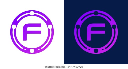 letter F logo design with dotted gradient digital circles, for digital, technology, data