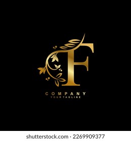 letter F logo design with flowers, leaves and golden feathers in a beautiful and elegant style. monogram F. typography F. initial F logo. suitable for, business, wedding, boutique, company, hotel, etc