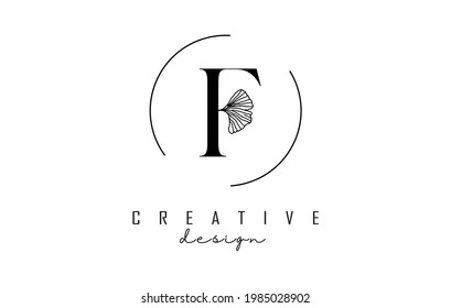 Letter F logo design with leaf detail and circle frame. Vector Illustration with Botanical elements. Nature template with F letter for personal branding, corporate, business, eco or natural products. 