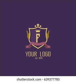 Letter F logo design. Luxury shield crown brand concept. Classic emblem sign.