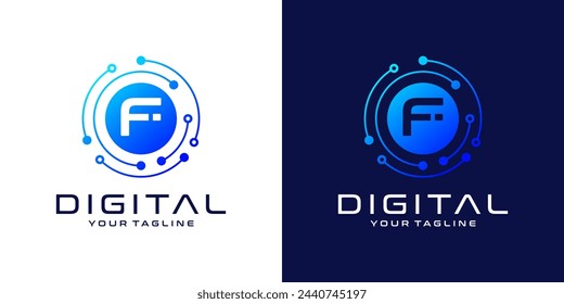 Letter F logo design template, Abstract point connection technology, digital, data and circle circuit technology