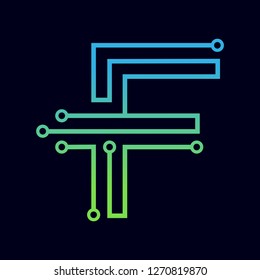 Letter F logo design template,Technology abstract dot connection cross vector logo icon circle logotype. Graphic is suitable for technology, digital, sharp, dot, electric. Gradient blue and green.