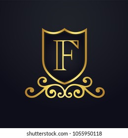 Letter F logo. Design vector illustration with Gold Shield and Ornament