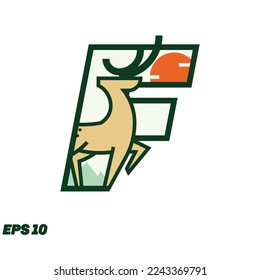 Letter F logo design vector with deer icon in monoline shape