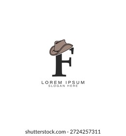 Logo de la letra F con un elegante sombrero de vaquero. Icono del alfabeto F con la tipografía moderna del sombrero de Stetson