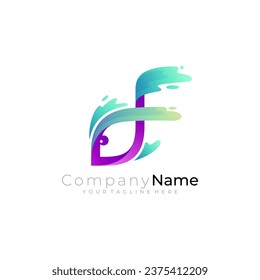 Letter F logo with fish design combination, colorful icon template, marine life