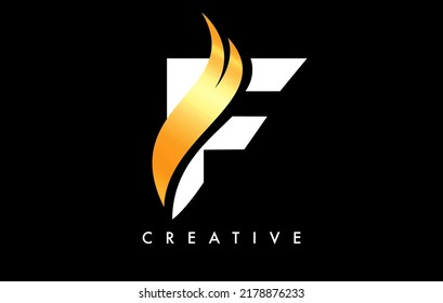 Diseño de iconos con logotipo F con diseño de forma curva de corte dorada y creativa Ilustración de vectores de formas curvadas.