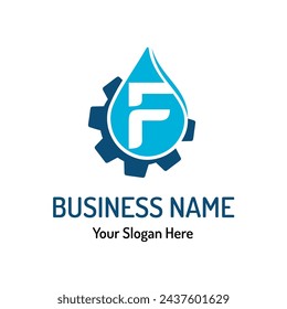Letter F Logo Idea for Water Repair, Water Maintenance. Simple Modern Plumbing Service Logo with Water Drop and Gear
