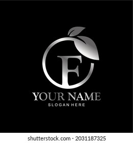 letter F logo and leaf circle. premium vector letter F with silver luxury color leaf. letter F metal model