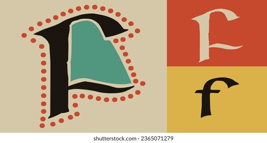 Letter F logo. Lindisfarne calligraphy in majuscule Celtic, Anglo-Saxon, Irish style with red dots pattern. Dim colored medieval initial. Vintage illuminated dropcap for brewery, heraldic monograms.