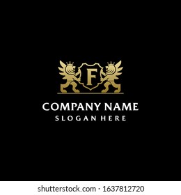 Letter F logo luxurious with golden lion king and black background. Vector illustration badge.