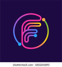 Letter F logo made of circle shape circuit. Multicolor gradient vector design can be used for technology ads, digital poster, communication identity, etc.