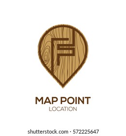 Letter F Logo Map Point Location with wooden texture,Pin maps symbol