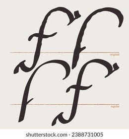 Letter F logo. Medieval script type. Original and regular calligraphy. Middle Ages Gothic set. Vintage blackletter Germanic font for fairytale, Fraktur headline, oldschool header, heraldry manuscript.