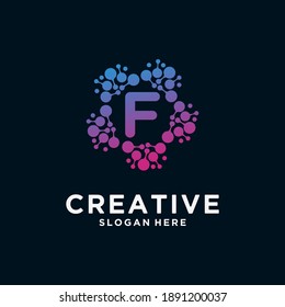 LETTER F logo monogram with dot concept. Universal colorful biotechnology molecule atom DNA chip. research, science, medical, logotype vector