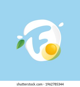 Letter F logo on a Fried Egg with green leaf and splashes. Negative space vector icon for farm company, ecology cafe, tasty poster, fast food restaurant.