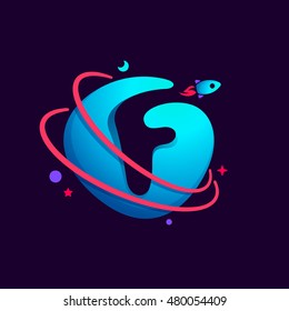 Letter F logo with planet, rocket and orbits lines. Bright vector design for science, biology, physics, chemistry company.