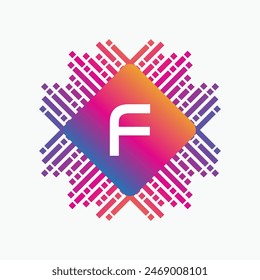 letter F Logo with Pulse music player element. Logo template electronic music, equalizer, dj, nightclub, disco. Audio wave logo concept, Multimedia