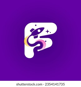 Letter F logo with rocket launch trail, planets, and stars. Negative space style icon. Vector typeface for science identity, planet travel app, chemistry posters, jet company, and biology advertising.