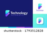Letter F logo set with double triangle gradient design, concept of 5G, future and forward