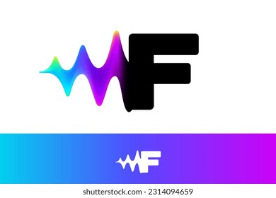 Logo de la letra F con flujo de ondas sonoras. Efecto de desperfecto de línea vibrante. Icono de degradado de neón multicolor. Fuente vectorial para la etiqueta de audio, publicidad multimedia de la empresa, afiches para DJ, pantallas de juego, identidad musical.