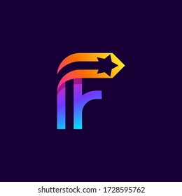 Letter F logo with star inside. Vector parallel lines icon. Perfect font for multicolor labels, space print, nightlife posters etc.