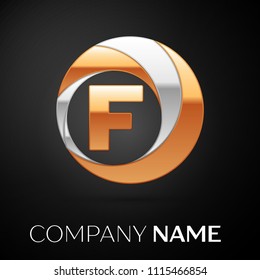 Letter F logo symbol in the golden-silver colorful circle on black background. Vector template for your design