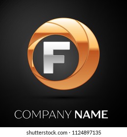 Letter F logo symbol in the golden-silver colorful circle on black background. Vector template for your design