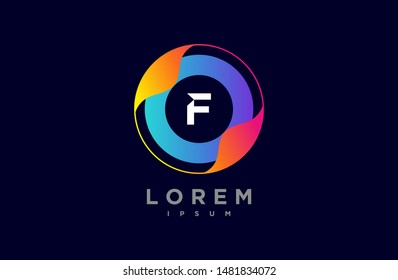letter F logo technology design template. dark blue, blue and orange gradient Color round creative sign. Universal vector icon. Digital Concepts and Circles, Connections and Networks Icons.