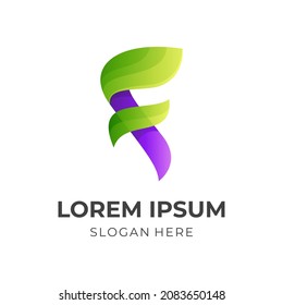 letter F logo template with 3d purple ad green color style