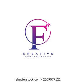 letter F logo template with blue and purple gradient colors with floral ornaments and circular lines. elegant and luxurious letter F logo design. beautiful letter F logo vector. icon F