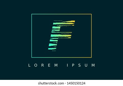 Letter F logo vector with green line box. wood texture style