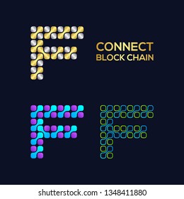 Letter F Logotype with Block Cube Rounded Dots Cross Shape and Line, Technology Digital Connection logo, Molecule DNA Medical Symbols, Blockchain and Fintech Icons, Science Laboratory Signs