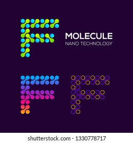Letter F Logotype with Dots and Curve , Circle Shape and Line Connection, Molecule and Nano Technology logo, Innovation and DNA Icons, Medical Cosmetics Symbols, Science Laboratory Cell Signs