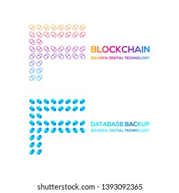 Letter F Logotype with Round Circle Dot and Cylinder shape Database backup logo, Technology Digital concept, FinTech Blockchain and Cryptocurrency Symbols, Server Big Data Processing and Network Signs
